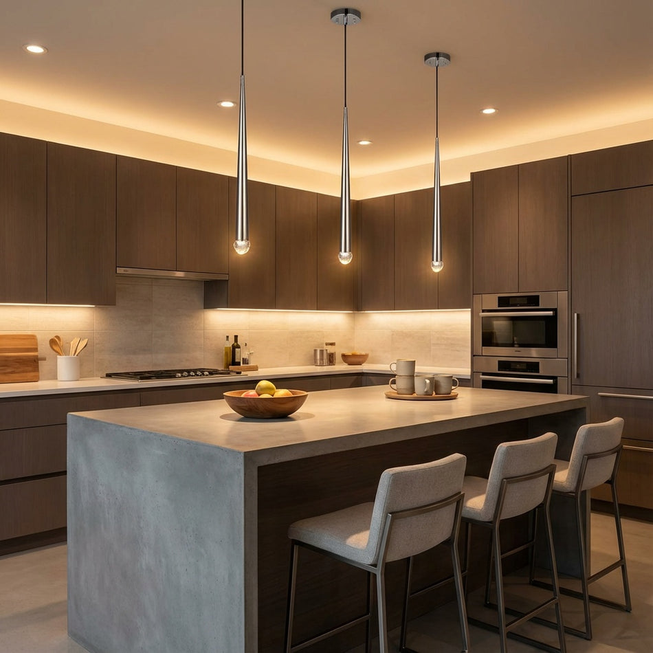 RENAIE series cascading LED pendant in Chrome by Matteo