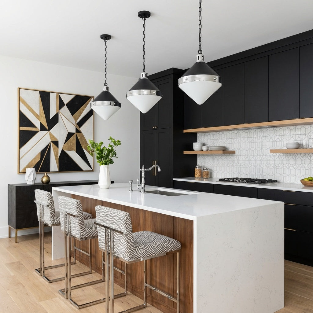 Sphericon single pendant in matte black & chrome by Matteo