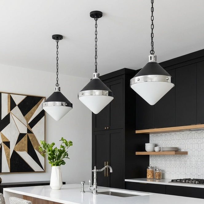 Sphericon single pendant in matte black & chrome by Matteo