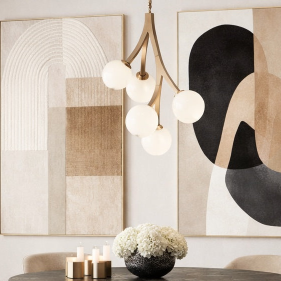 5 light Rami down pendant with branch-like elements an Opal Glass in Antique Gold Brass by Matteo