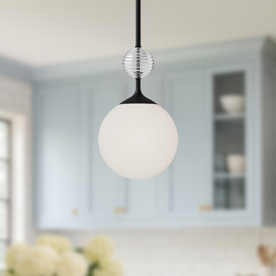 Celia 8-in Matte Black/Opal Glass 1 Light Pendant by ALORA MOOD