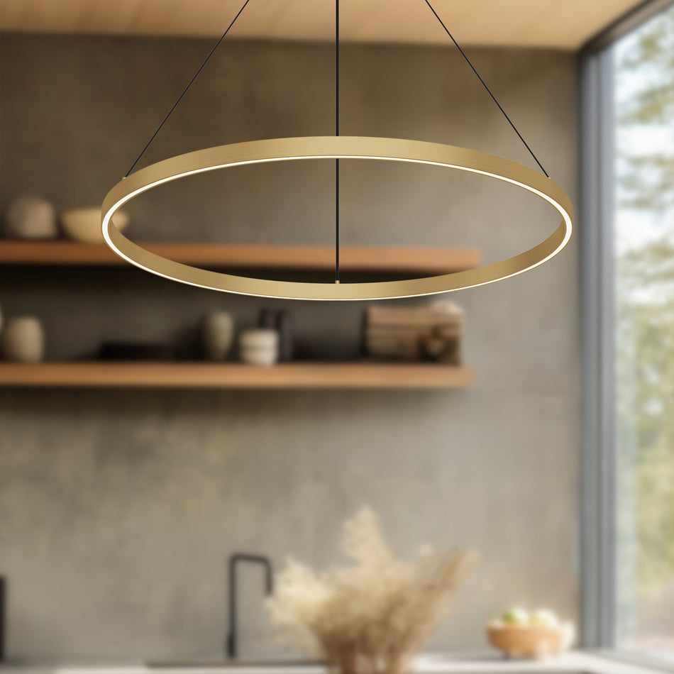 Cerchio 32-in Brushed Gold LED Pendant by KUZCO