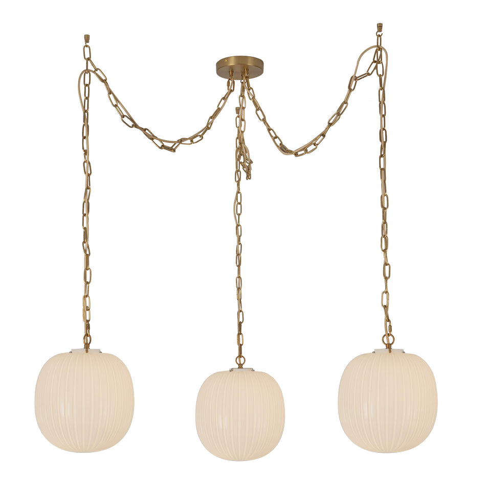 Cherise 3-Light Brushed Gold/Glossy Ribbed Opal Glass Socket Multi Pendant by ALORA MOOD