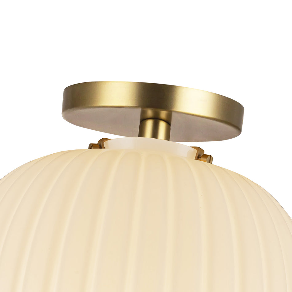 Cherise 12-in Brushed Gold/Glossy Ribbed Opal Glass Socket Semi-Flush Mount by ALORA MOOD