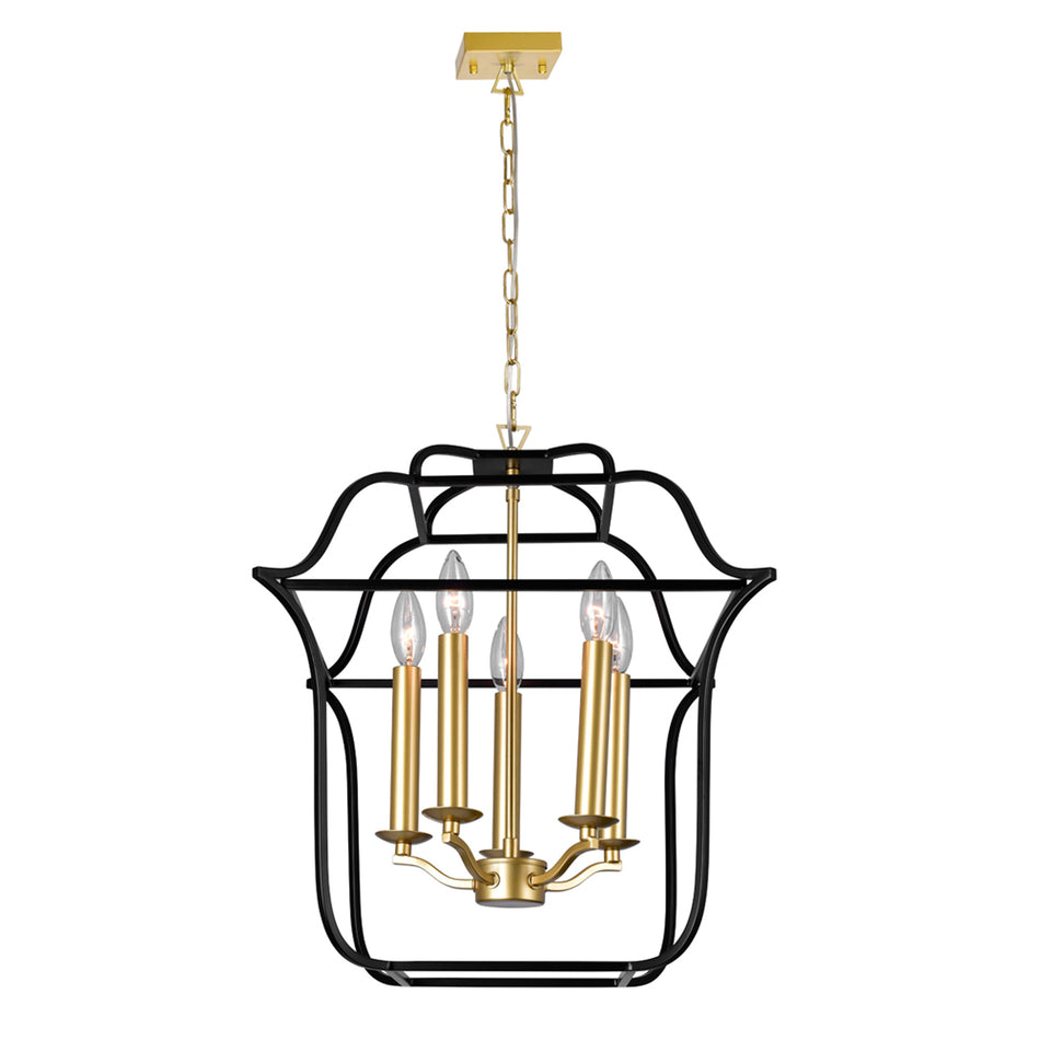 Tudor 5 Light 16in Satin Gold & Black Chandelier by CWI