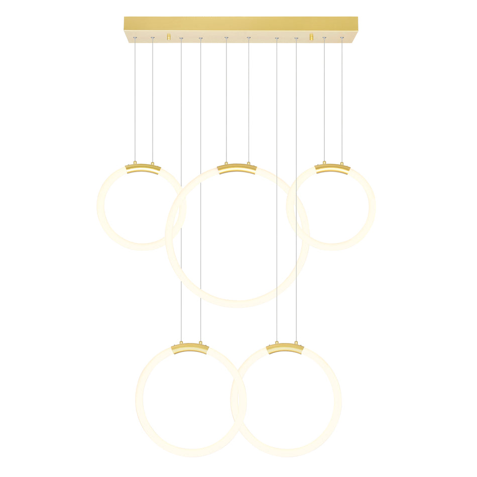 Hoops Integrated LED 44in 5 Ring Satin Gold Chandelier by CWI