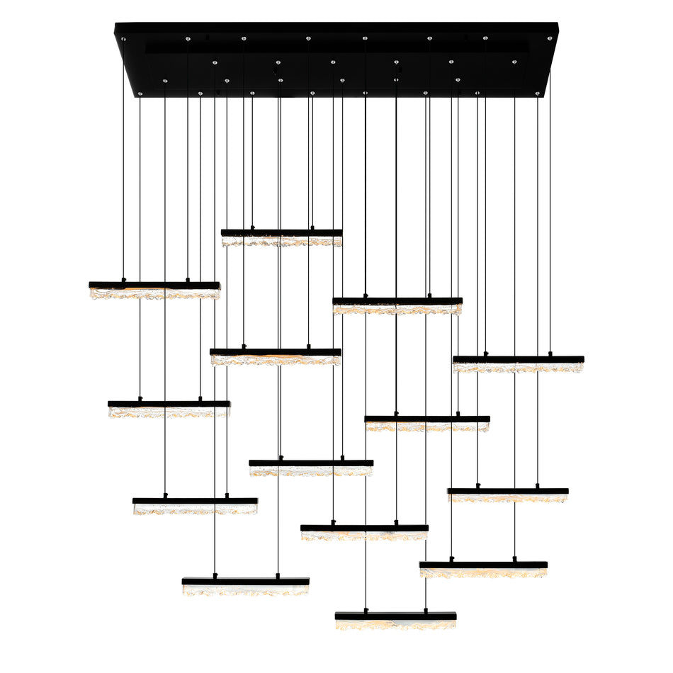 Stagger Integrated LED 60in Black Chandelier with Handcrafted Glass