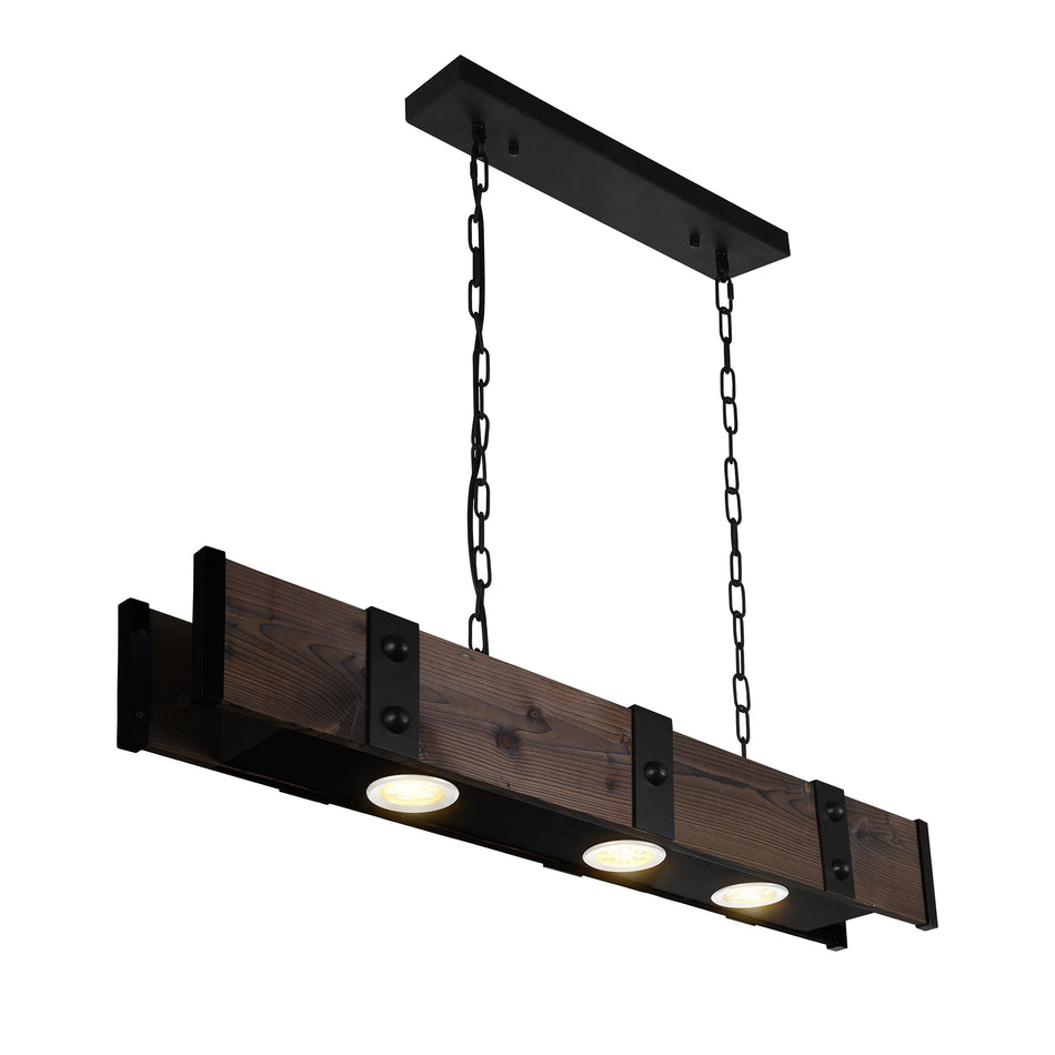 Pago 3 Light 42in Black & Wood Drum Shade Island Light