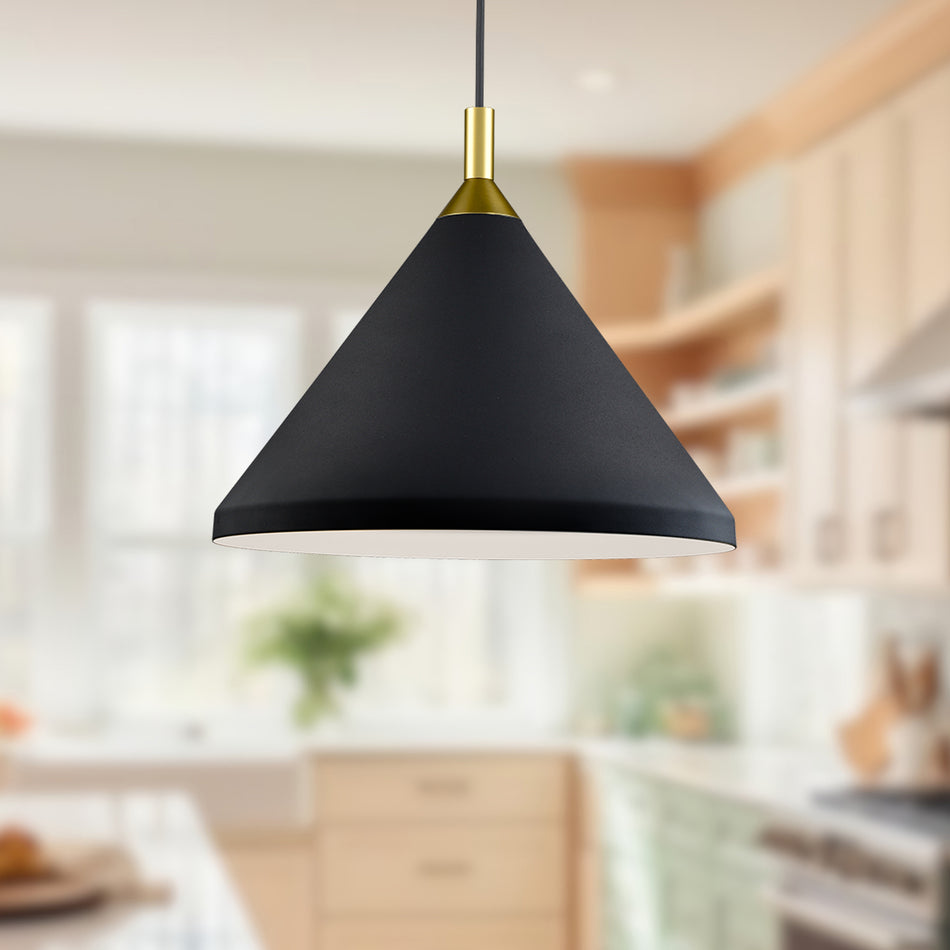 Dorothy 14-in Black With Gold Detail 1 Light Pendant by KUZCO