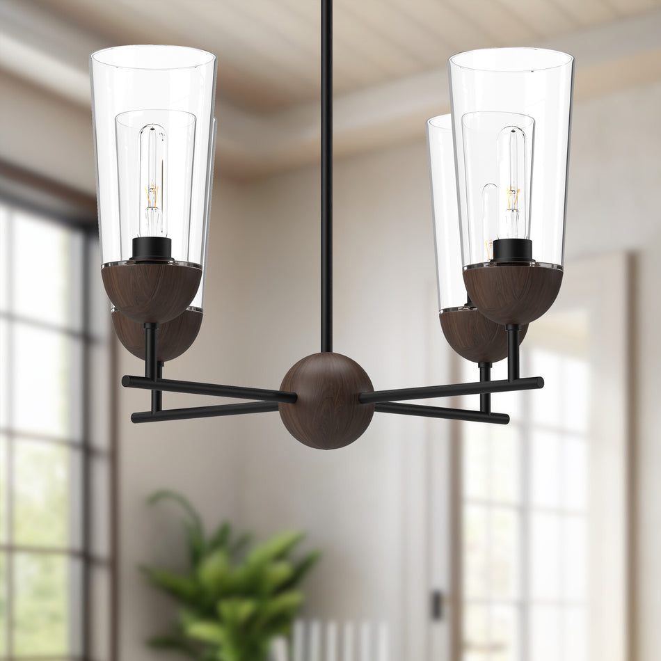 Emil 25-in Matte Black/Walnut 4 Lights Chandeliers by ALORA MOOD