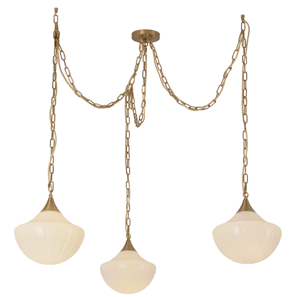 Farrah 3-Light Brushed Gold/Glossy Ribbed Opal Glass Socket Multi Pendant by ALORA MOOD