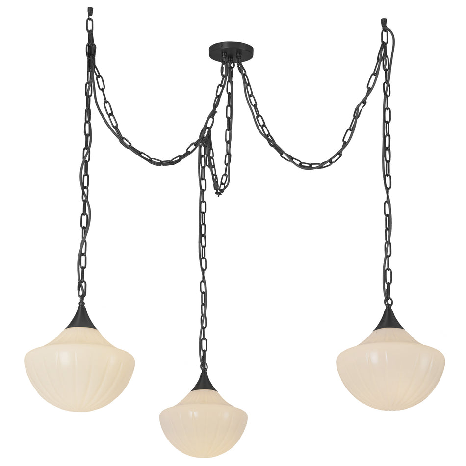 Farrah 3-Light Matte Black/Glossy Ribbed Opal Glass Socket Multi Pendant by ALORA MOOD