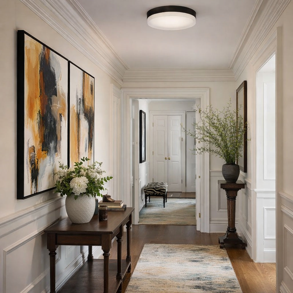 Bedford 11-in LED Flush Mount ceiling fixture with round glass frosted and clear surface by Kuzco