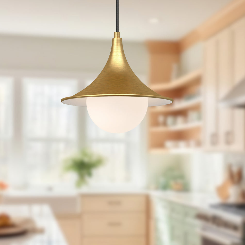 Fuji 9-in Brushed Gold/Opal Matte Glass 1 Light Pendant by ALORA MOOD
