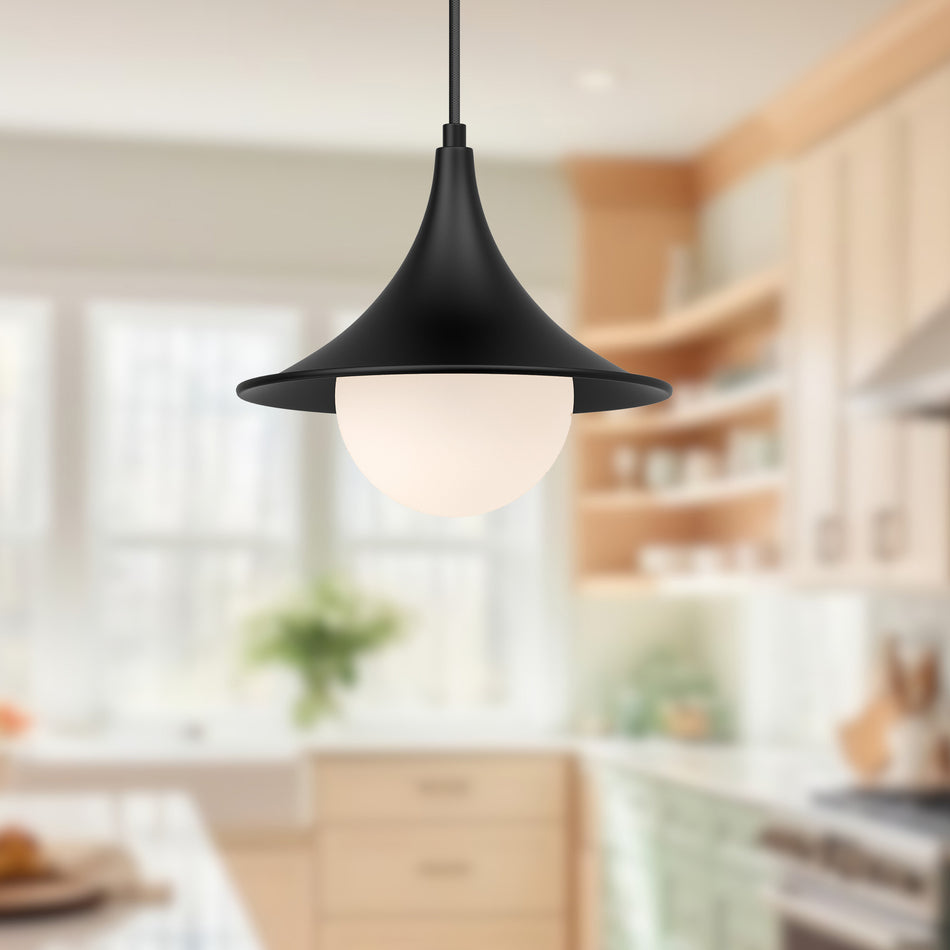 Fuji 9-in Matte Black/Opal Matte Glass 1 Light Pendant by ALORA MOOD