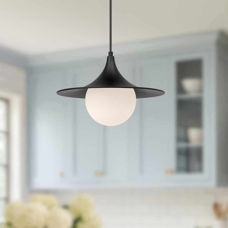 Fuji 12-in Matte Black/Opal Matte Glass 1 Light Pendant by ALORA MOOD
