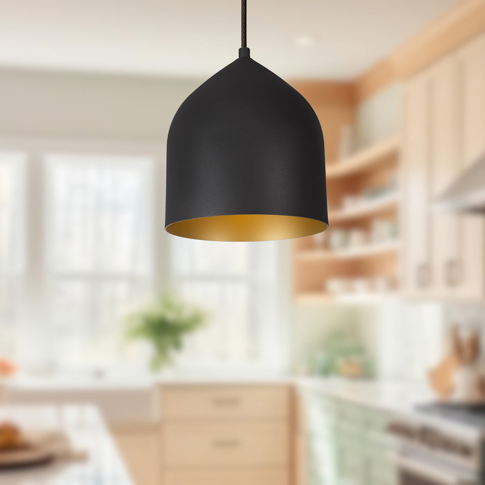 Helena 8-in Black/Gold LED Pendant by KUZCO