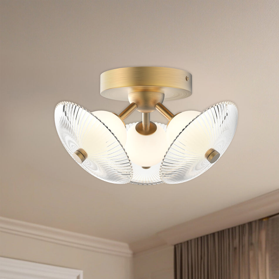 Hera 12-in Brushed Gold/Clear Ribbed Glass LED Flush Mount by ALORA MOOD