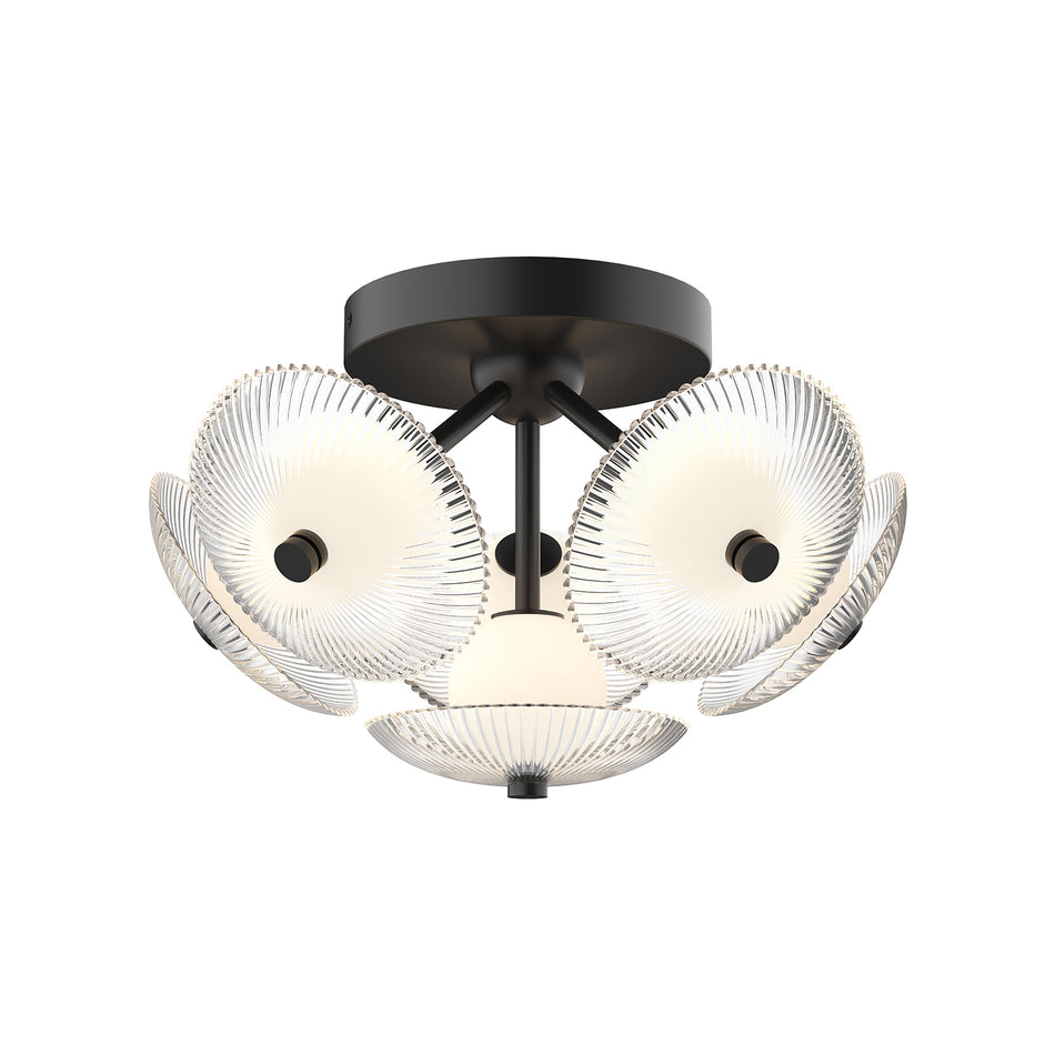 Hera 16-in Matte Black/Clear Ribbed Glass LED Flush Mount