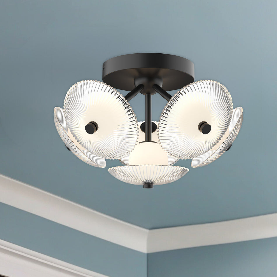 Hera 16-in Matte Black/Clear Ribbed Glass LED Flush Mount by ALORA MOOD