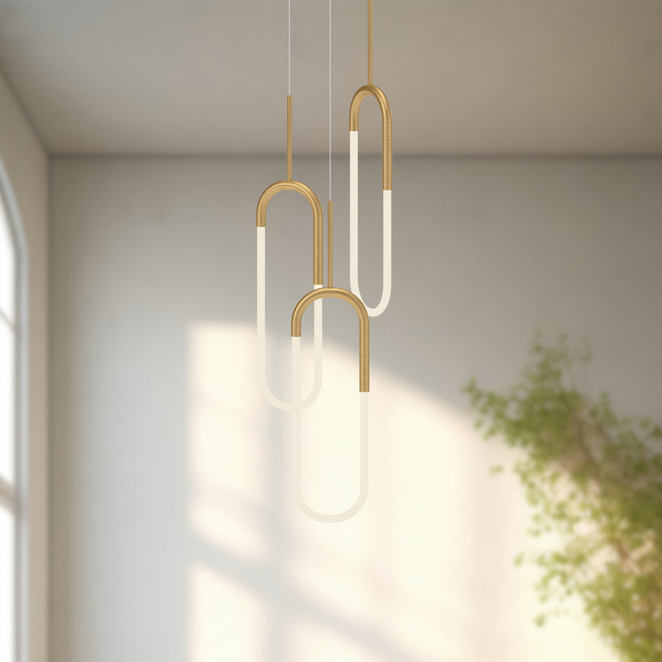 Huron 3 Head Brushed Gold LED Multi Pendant by KUZCO