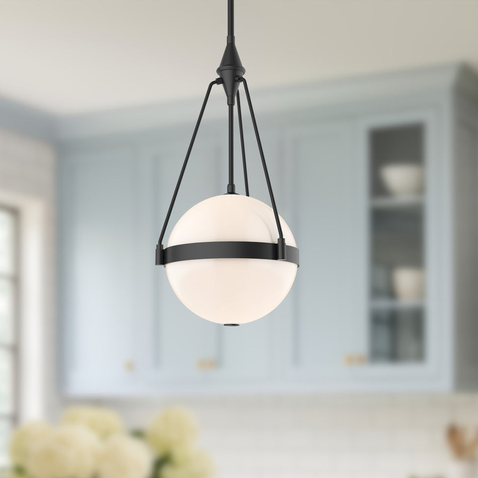 Harmony 14-in Matte Black/Glossy Opal Glass 3 Lights Pendant by ALORA MOOD