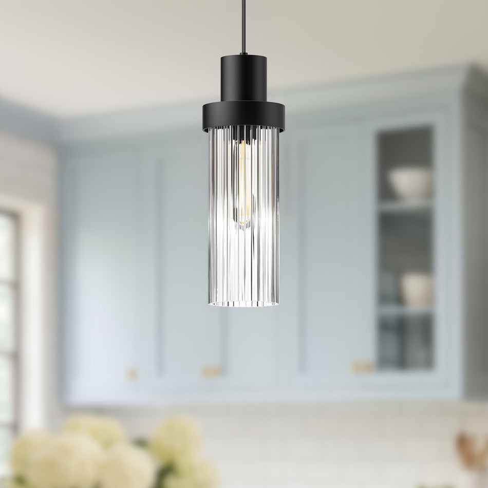 Kent 5-in Clear Ribbed Glass/Matte Black 1 Light Pendant by ALORA MOOD