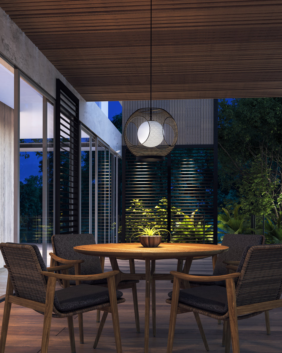 Kona 13-in Black/Opal Glass 1 Light Exterior Pendant by KUZCO