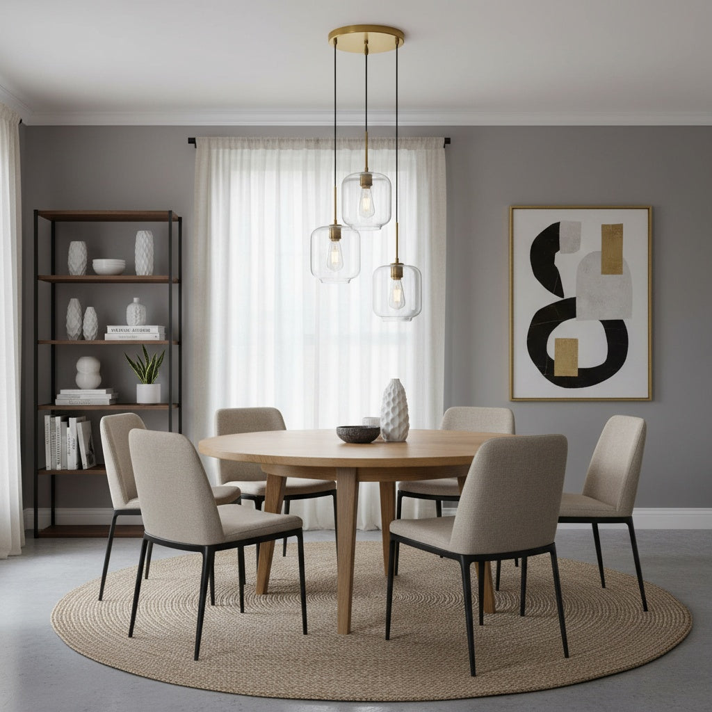 Modern dining room with round wooden table and beige chairs, featuring a abstract art piece on the wall.