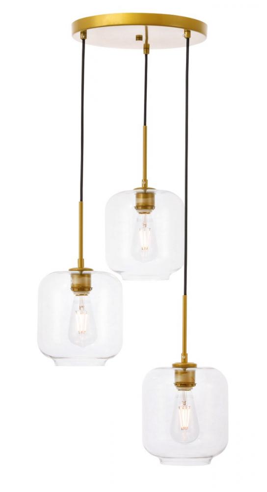 Collier 3 light Brass and Clear glass pendant