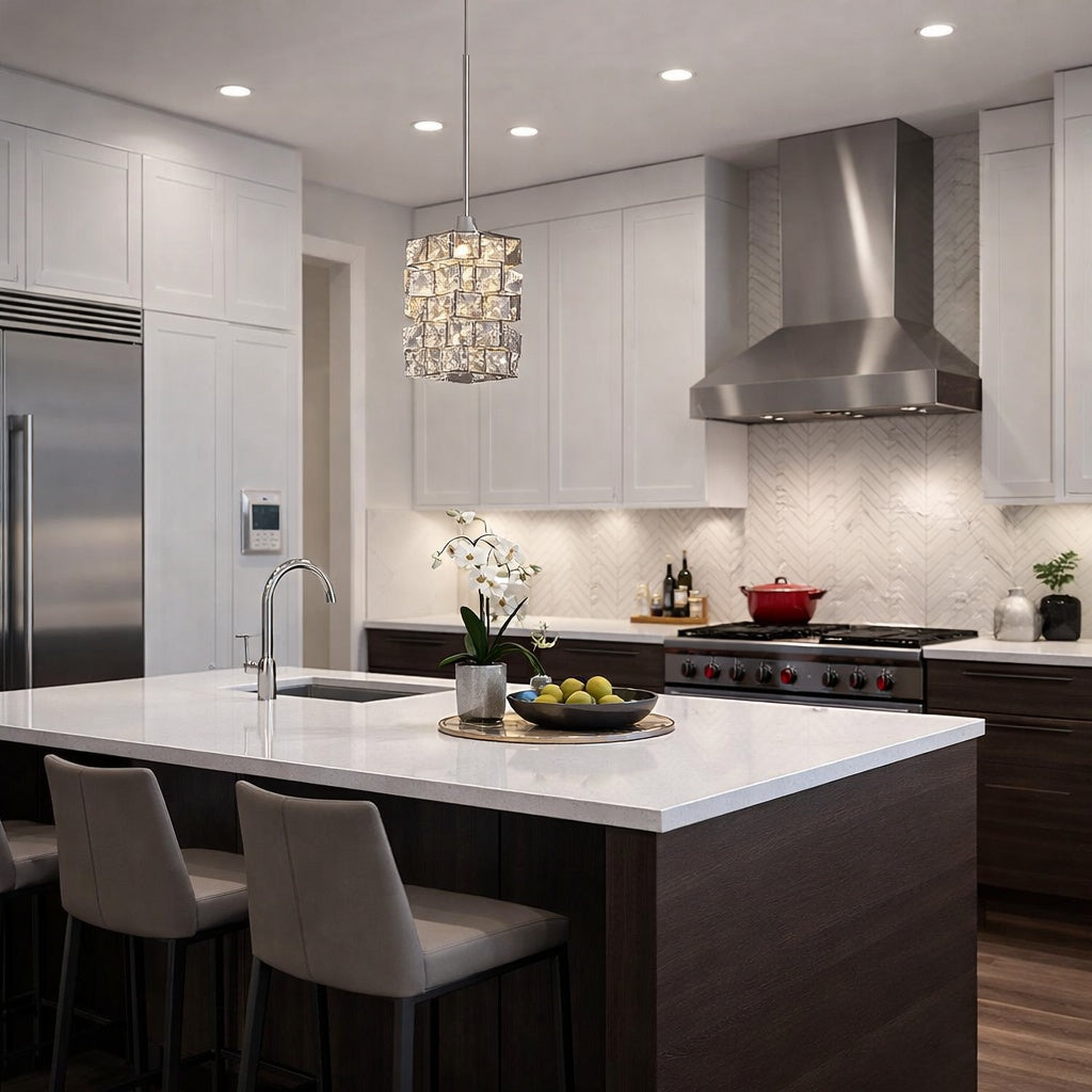 Sorrento Crystal LED Pendant Light for modern kitchen with Warm Glow by TransGlobe