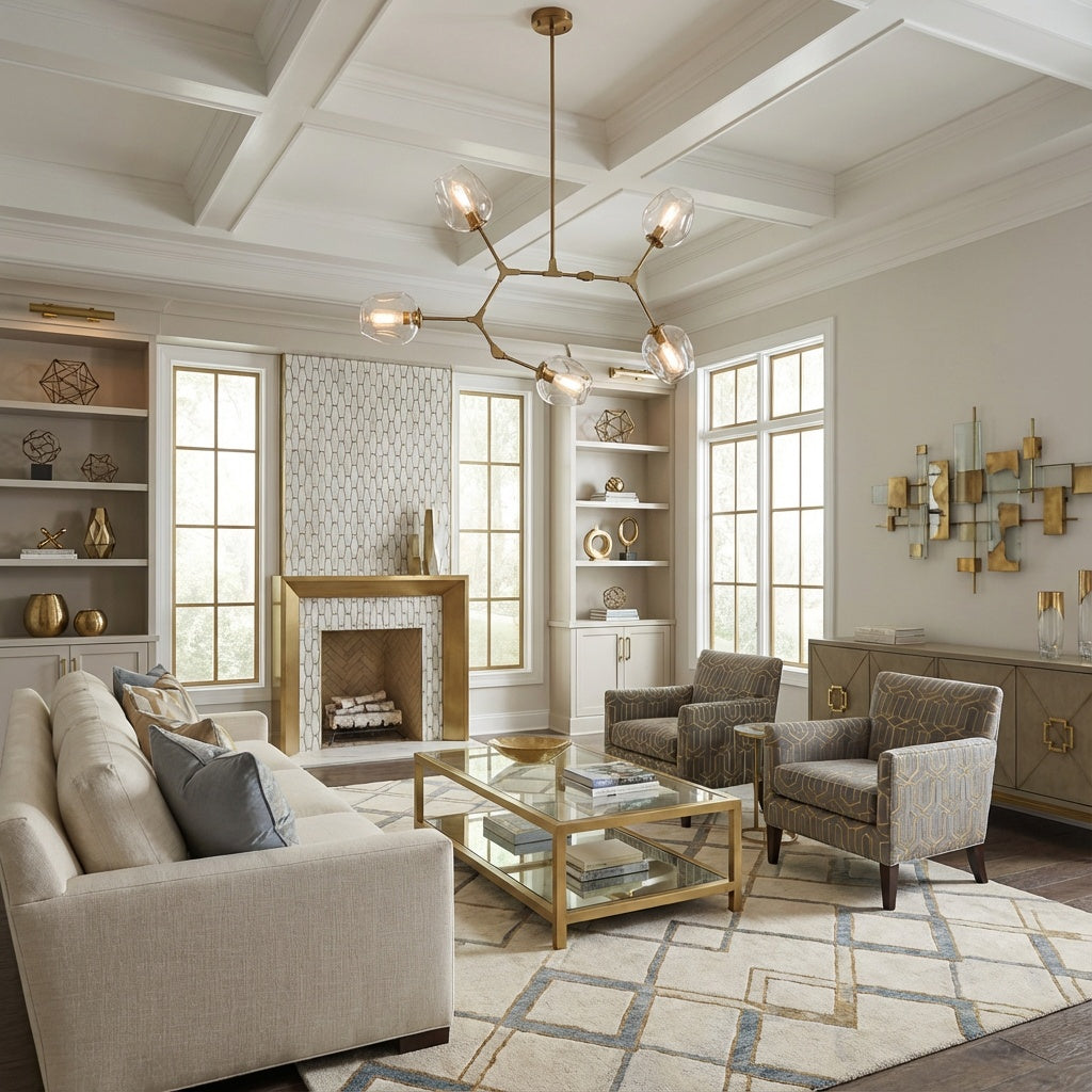 Quantum chandelier in a luxurious living room with modern furniture and decorative elements.