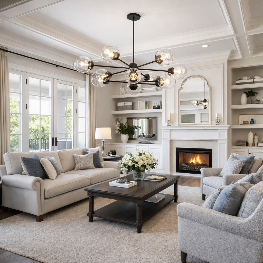 Modern living room with beige sofa, gray armchair, coffee table, and Clusters chandelier by TransGlobe.
