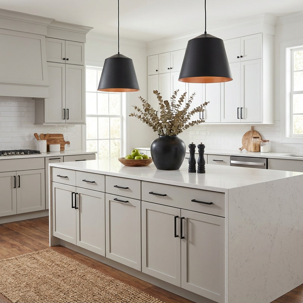 Modern kitchen with 2 black pendants by TransGlobe, a central island, wooden countertops, and neutral color scheme.