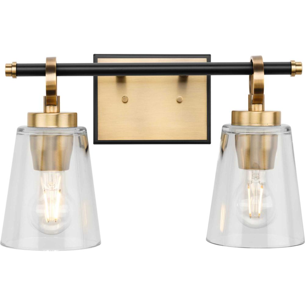 Cassell Collection Two-Light Vintage Brass Matte Black Luxe Industrial Bath & Vanity Light by Progress