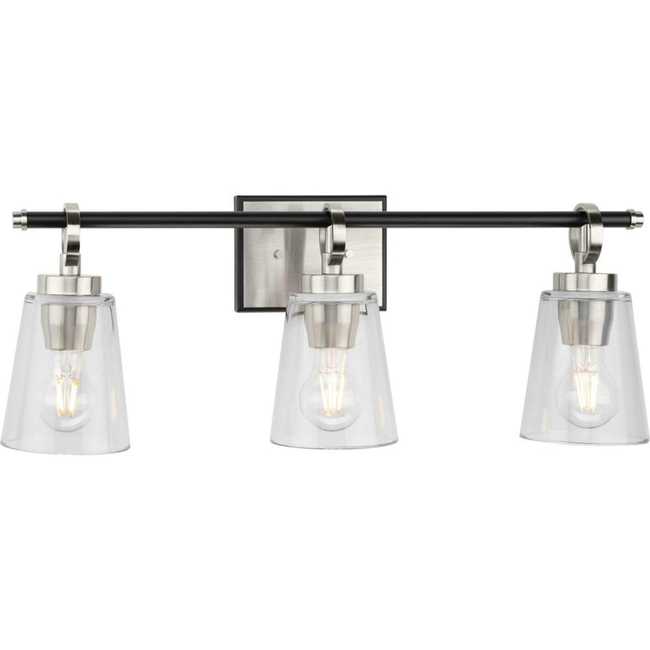 Cassell Collection Three-Light Brushed Nickel Matte Black Luxe Industrial Bath & Vanity Light by Progress