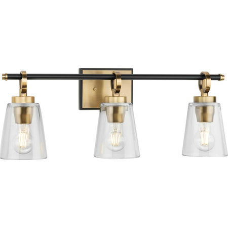 Cassell Collection Three-Light Vintage Brass Matte Black Luxe Industrial Bath & Vanity Light by Progress