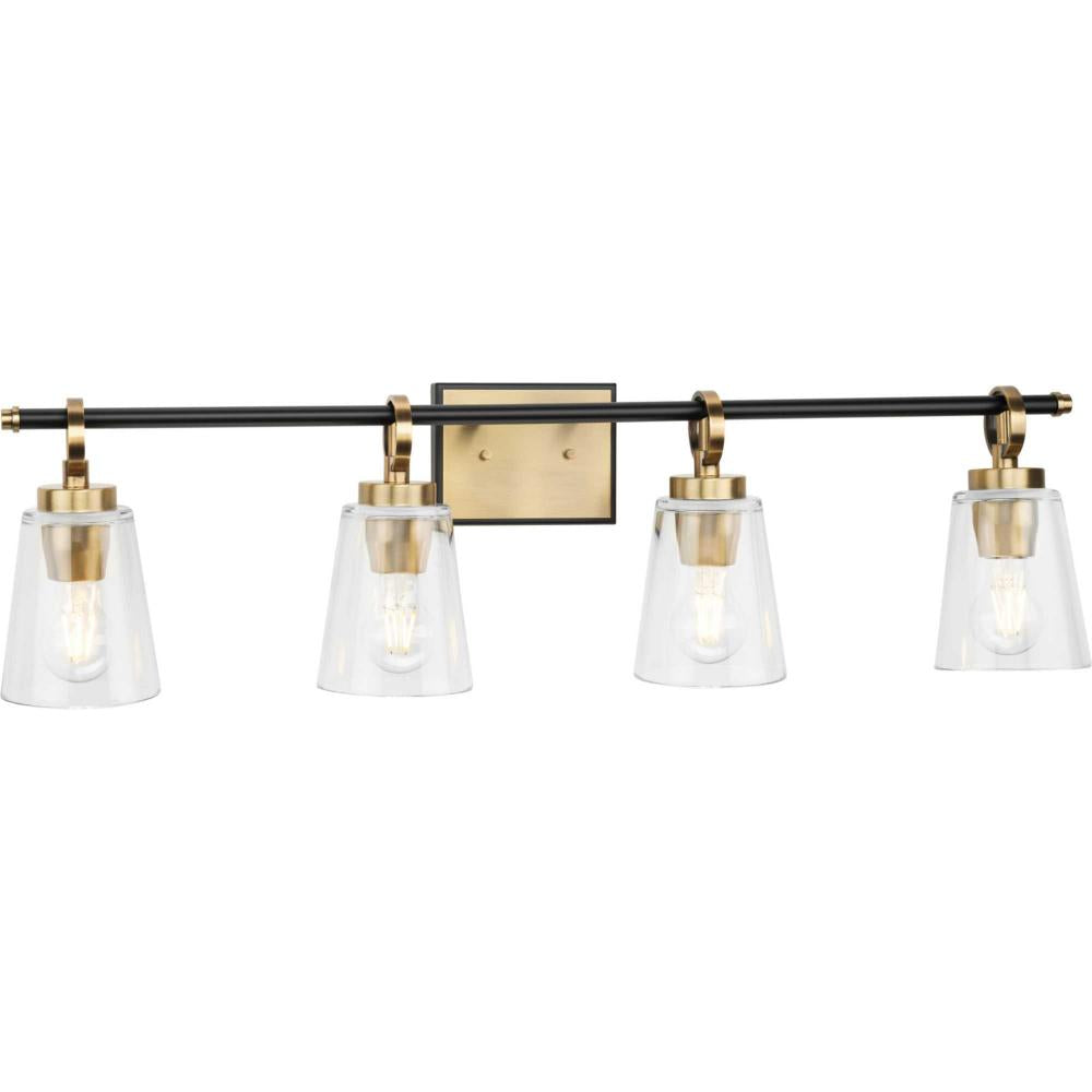 Cassell Collection Four-Light Vintage Brass Matte Black Luxe Industrial Bath & Vanity Light by Progress