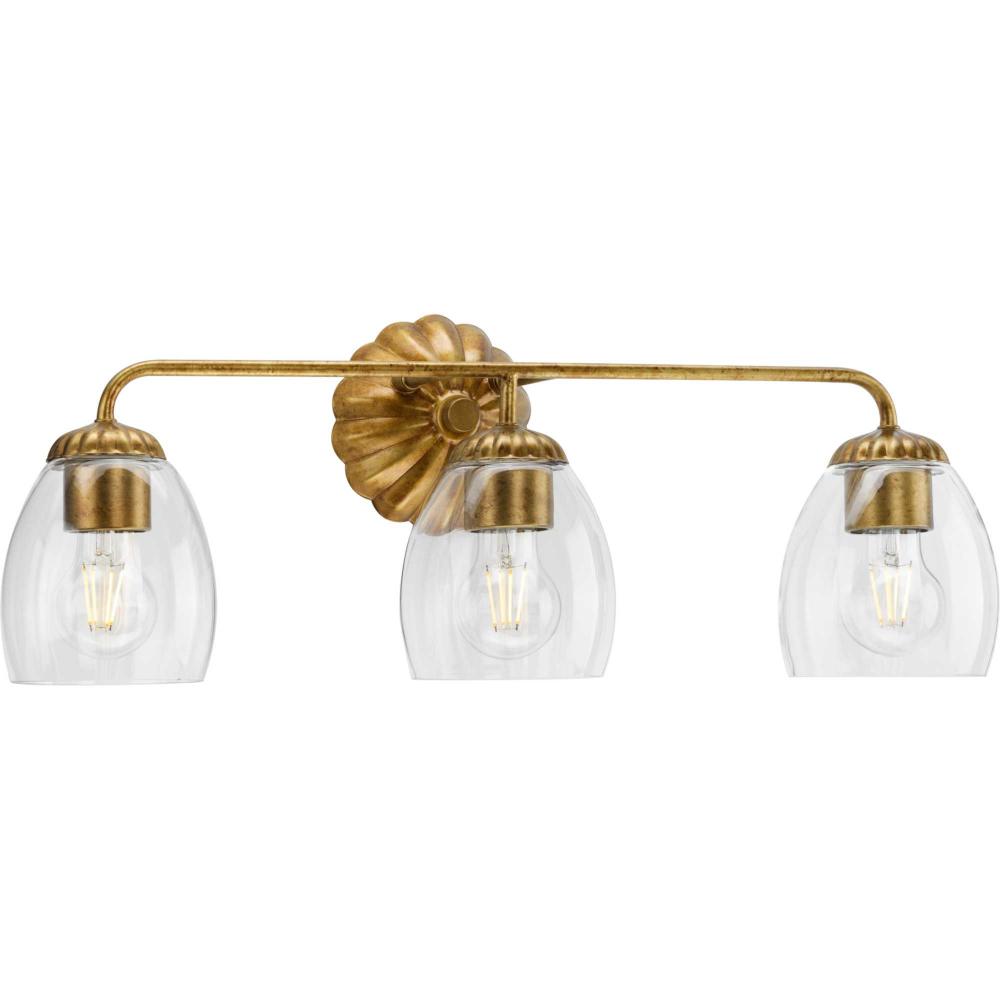 Quillan Collection Three-Light Soft Gold Transitional Bath & Vanity Light by Progress