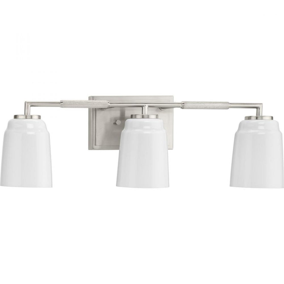 Spenser Collection Three-Light Brushed Nickel Industrial Vanity Light by Progress