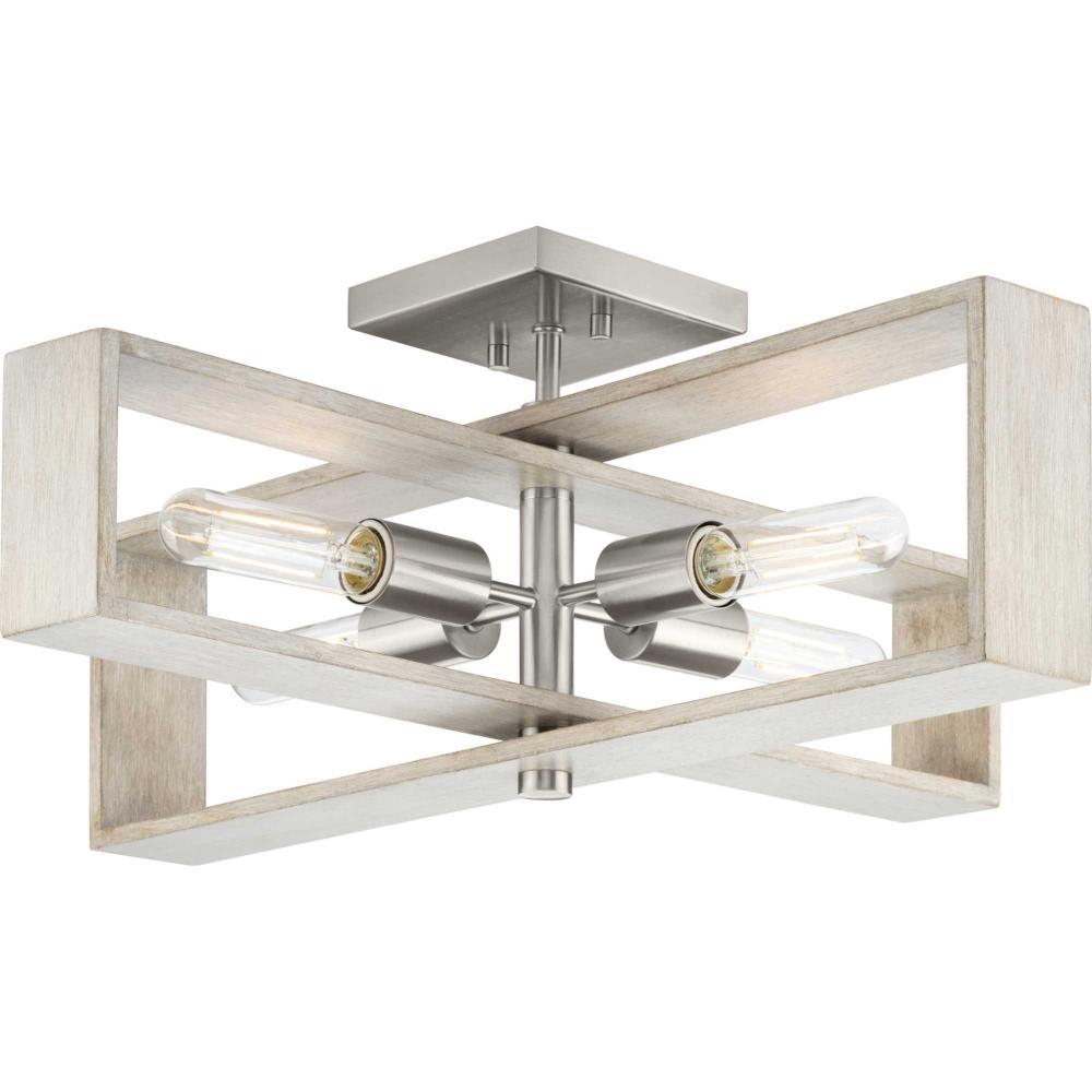 Boundary Collection 24 in. Four-Light Brushed Nickel Grey Washed Oak Modern Flush Mount Light by Progress