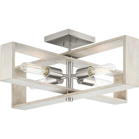 Boundary Collection 24 in. Four-Light Brushed Nickel Grey Washed Oak Modern Flush Mount Light by Progress