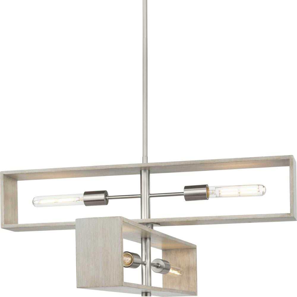 Boundary Collection Four-Light Brushed Nickel Grey Washed Oak Modern Chandelier by Progress