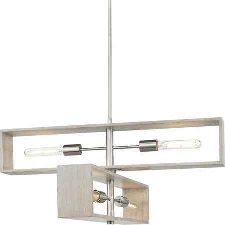 Boundary Collection Four-Light Brushed Nickel Grey Washed Oak Modern Chandelier by Progress