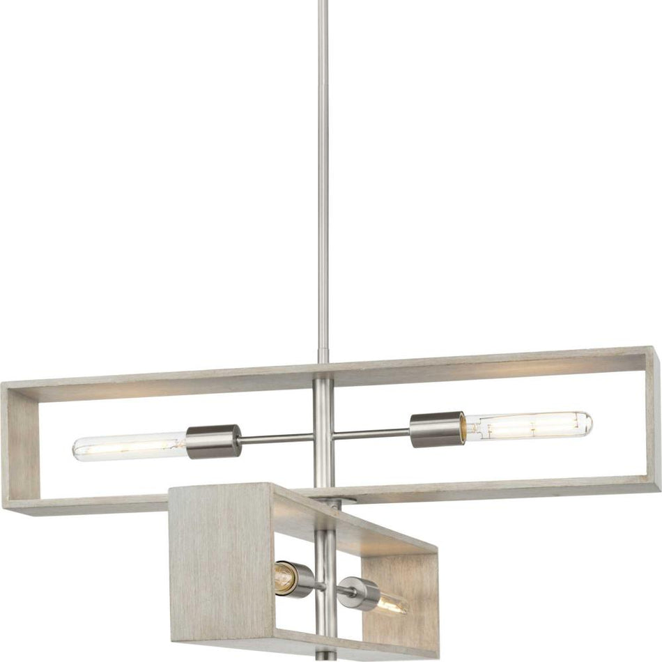 Boundary Collection Four-Light Brushed Nickel Grey Washed Oak Modern Chandelier by Progress