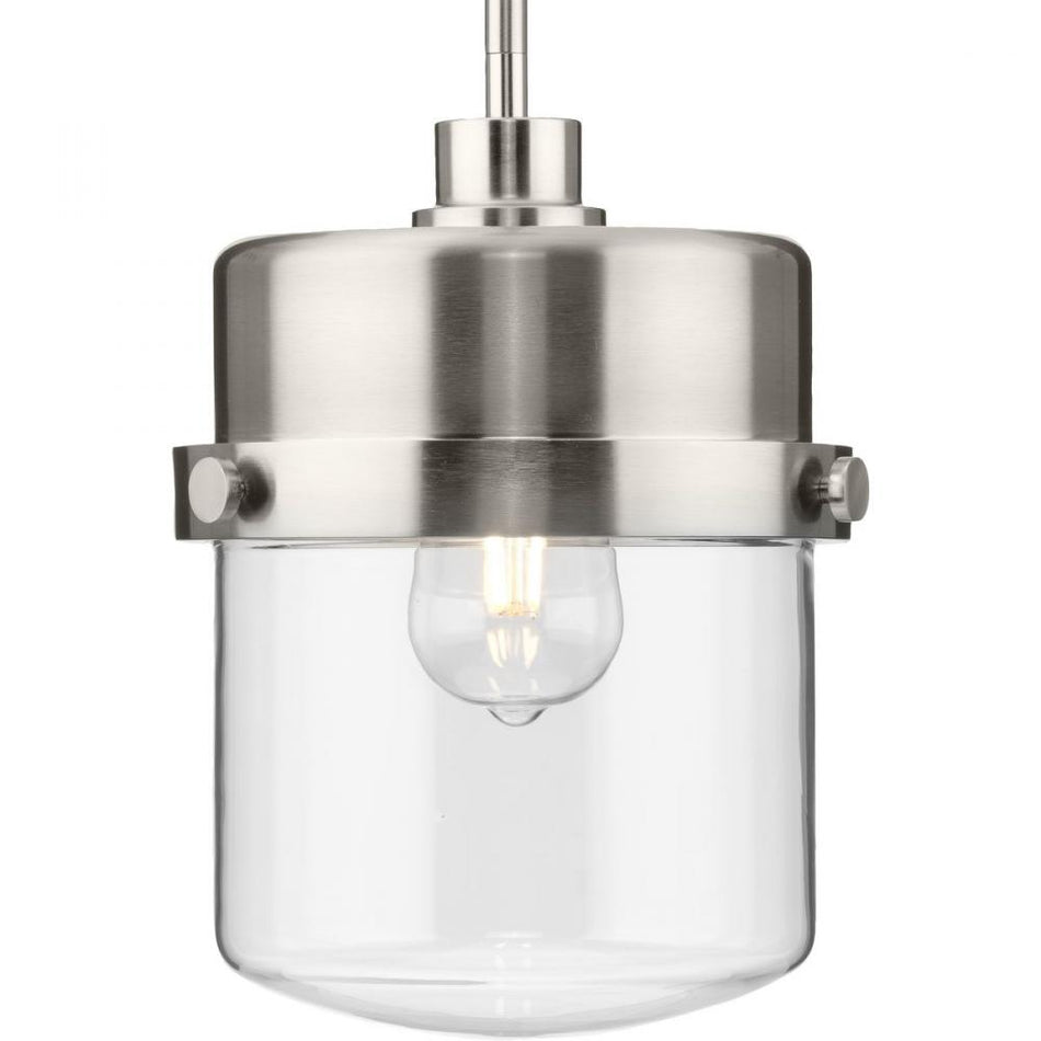 Beckner Collection One-Light Brushed Nickel Clear Glass Urban Industrial Pendant Light by Progress