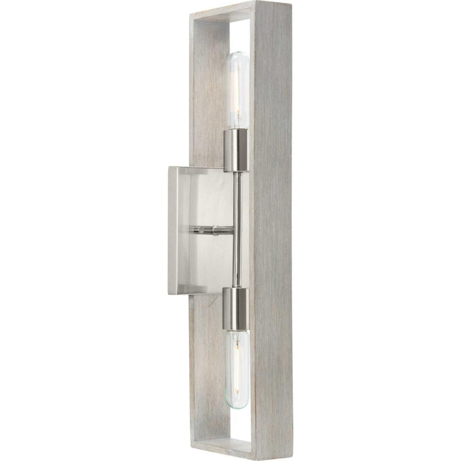 Boundary Collection Two-Light Brushed Nickel Grey Washed Oak Modern Wall Bracket by Progress