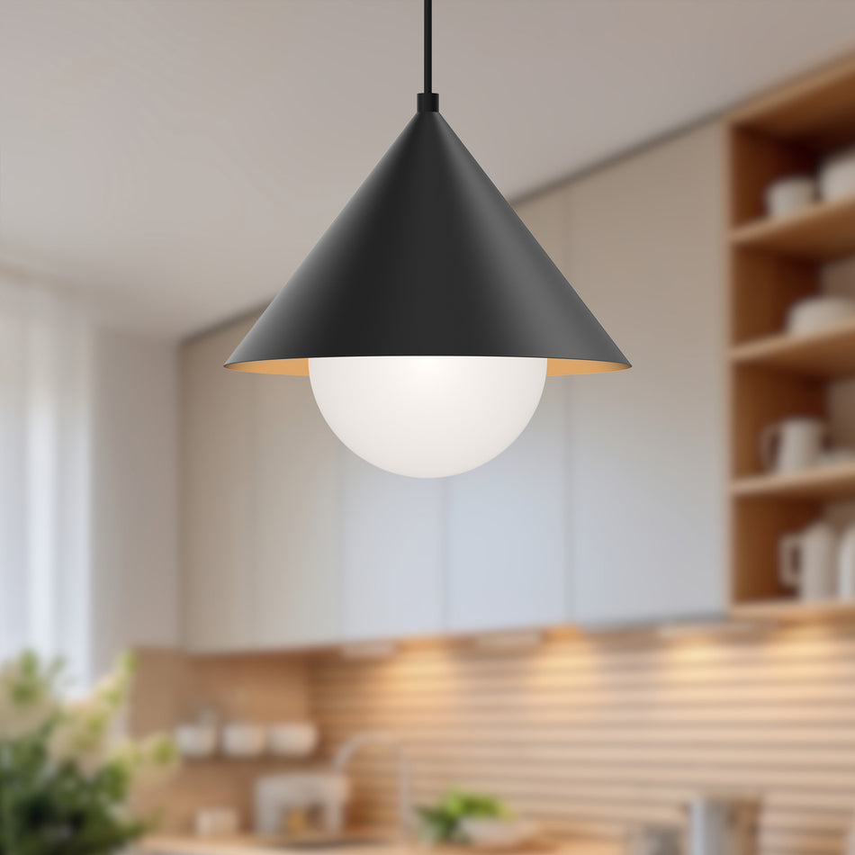 Remy 14-in Matte Black/Opal Glass 1 Light Pendant by ALORA MOOD