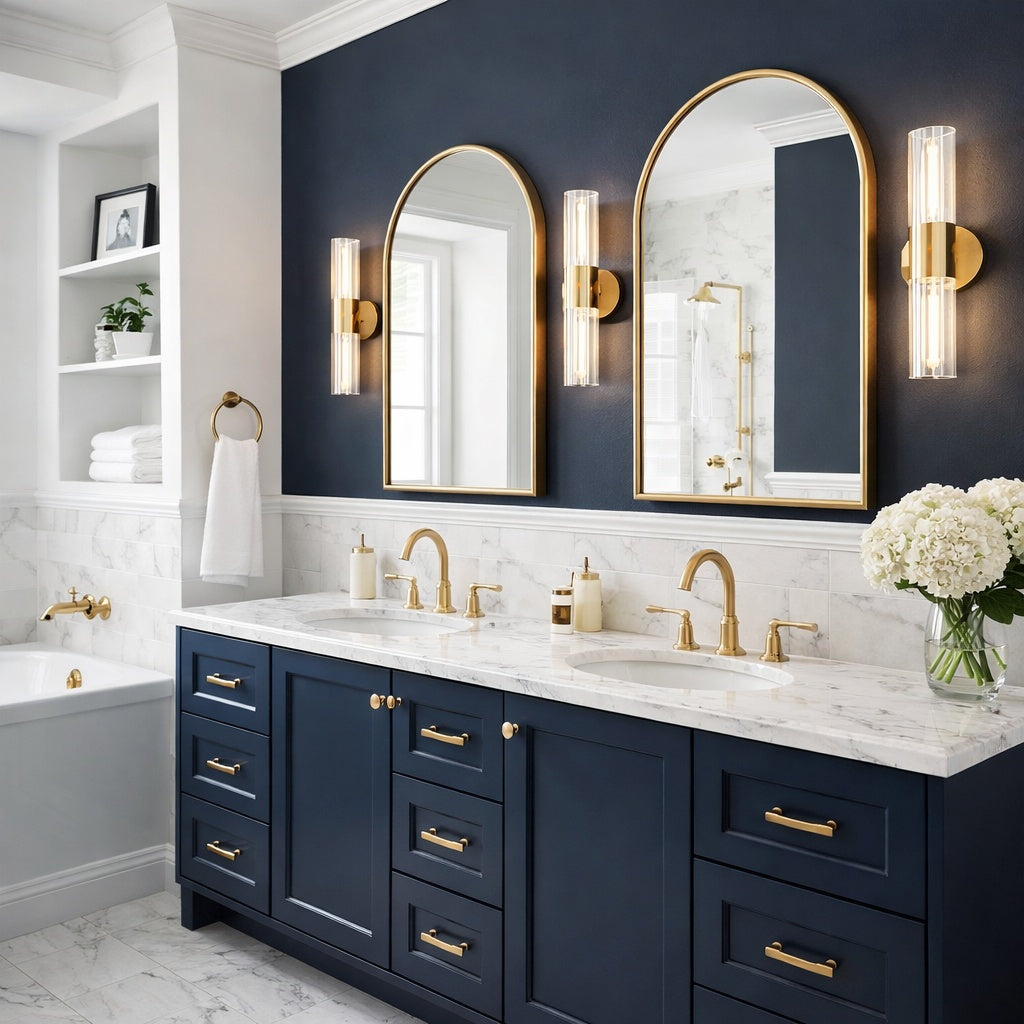 Odette collection tubular vanity light in Aged Gold Brass by Matteo