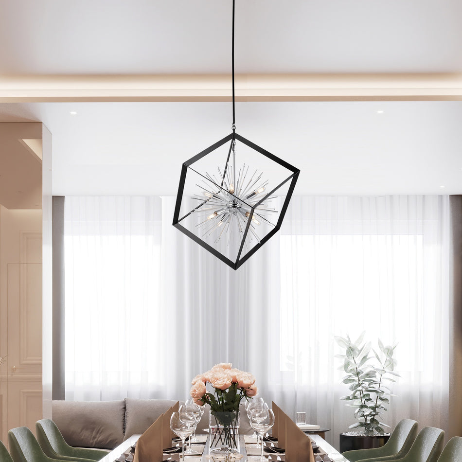 Sunburst  8 Light Chandelier (Matte Black & Chrome)